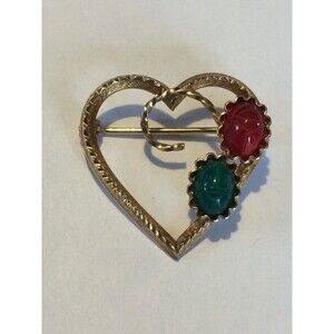 VINTAGE / ANTIQUE - SIGNED 1/20 14KT GF dCe HEART JADE STONE FLOWER  BROOCH